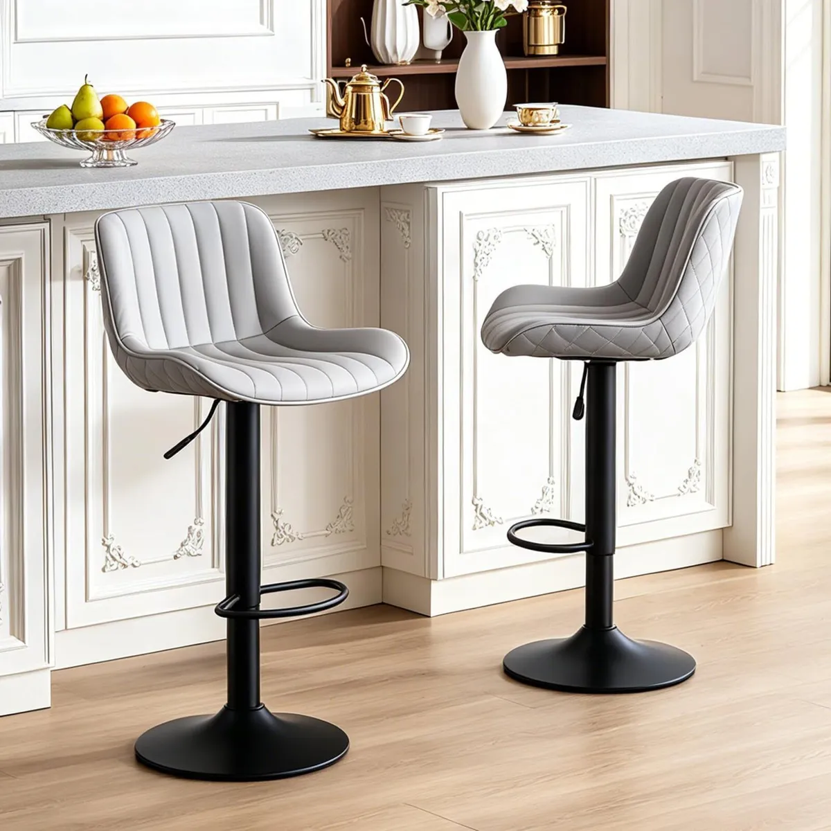 Bar Stools Set of 2 Grey PU Leather Barstools - Image 1