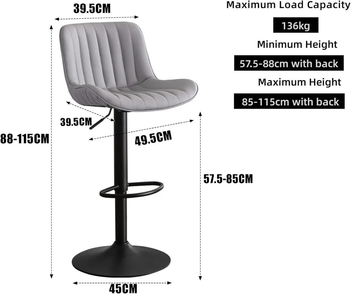 Bar Stools Set of 2 Grey PU Leather Barstools - Image 2