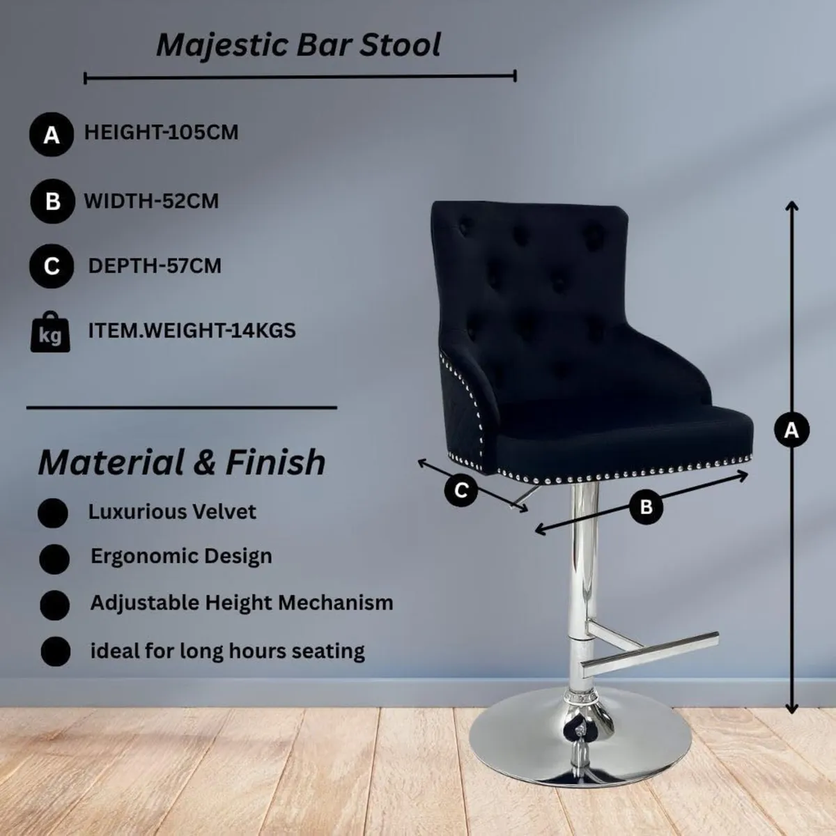Majestic Velvet Bar Stool - Adjustable Stools - Image 2