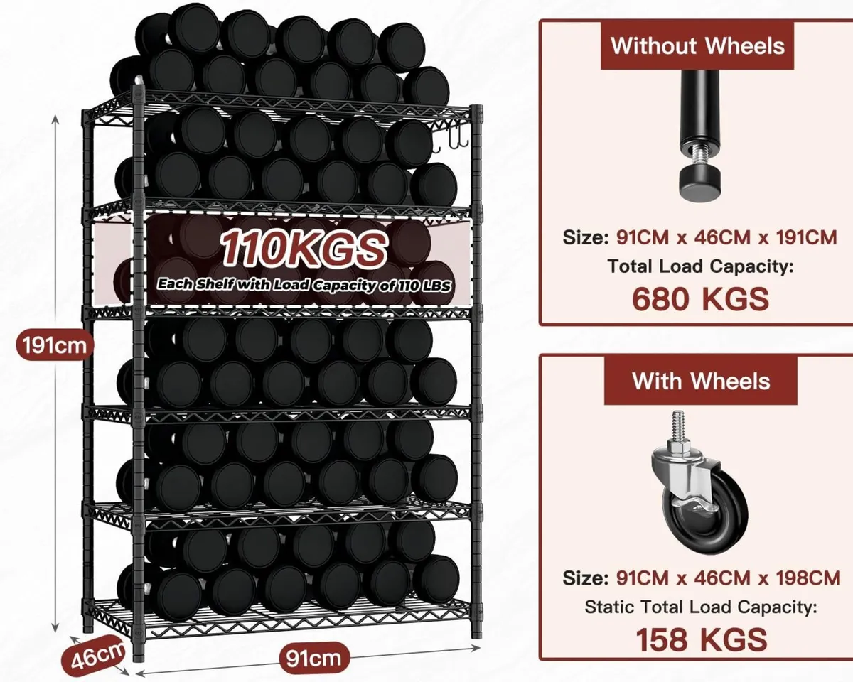 91cm x 46cm 191cm Wire Storage Shelves with - Image 3