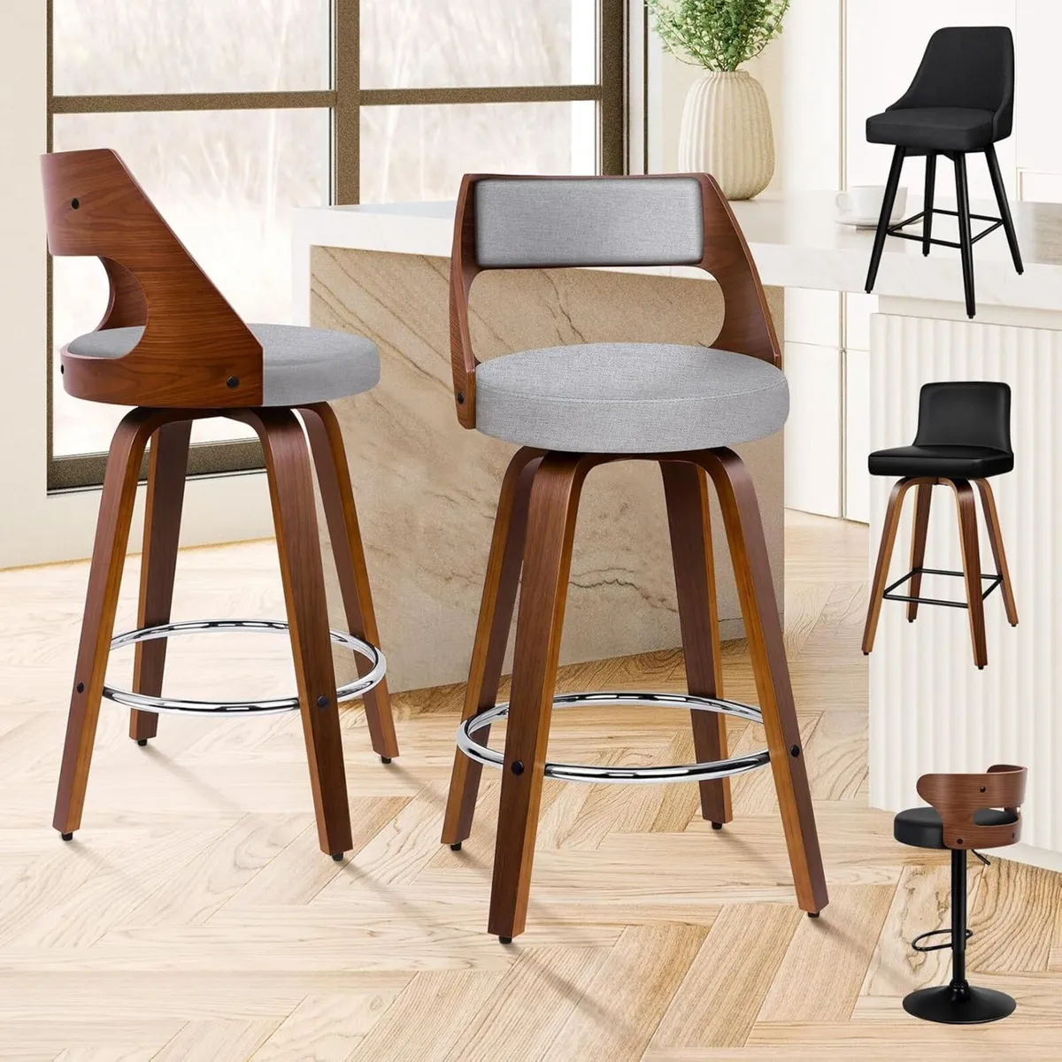 Bar Stools Set of 2 Thick Padded Barstools Wooden - Image 1