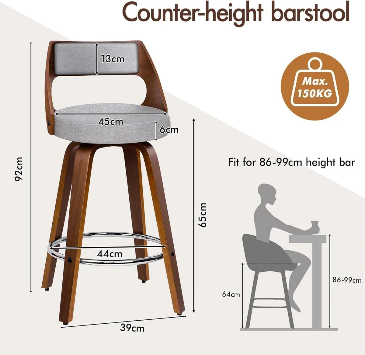 Bar Stools Set of 2 Thick Padded Barstools Wooden - Image 2