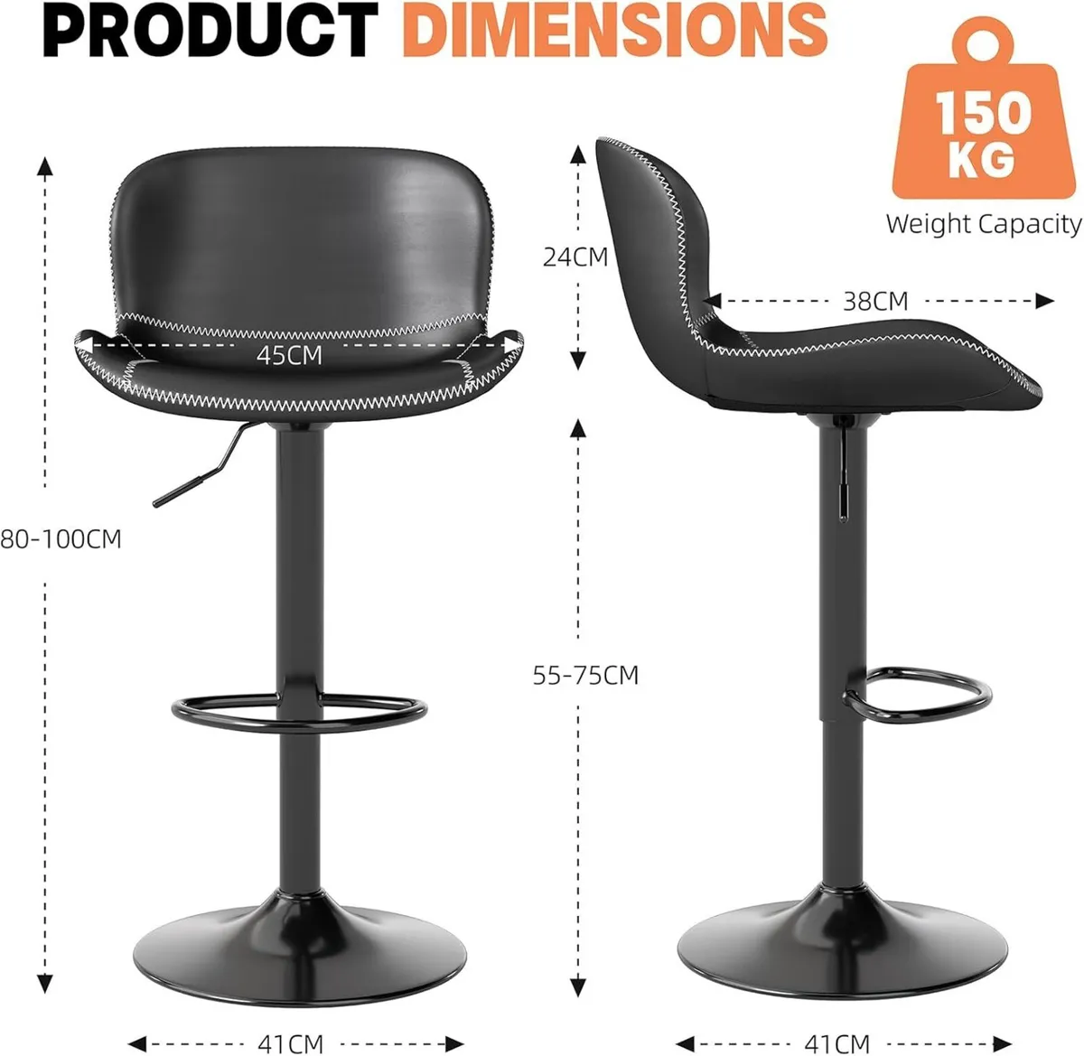 Bar Stools Set of 2 PU Leather Counter Height - Image 3