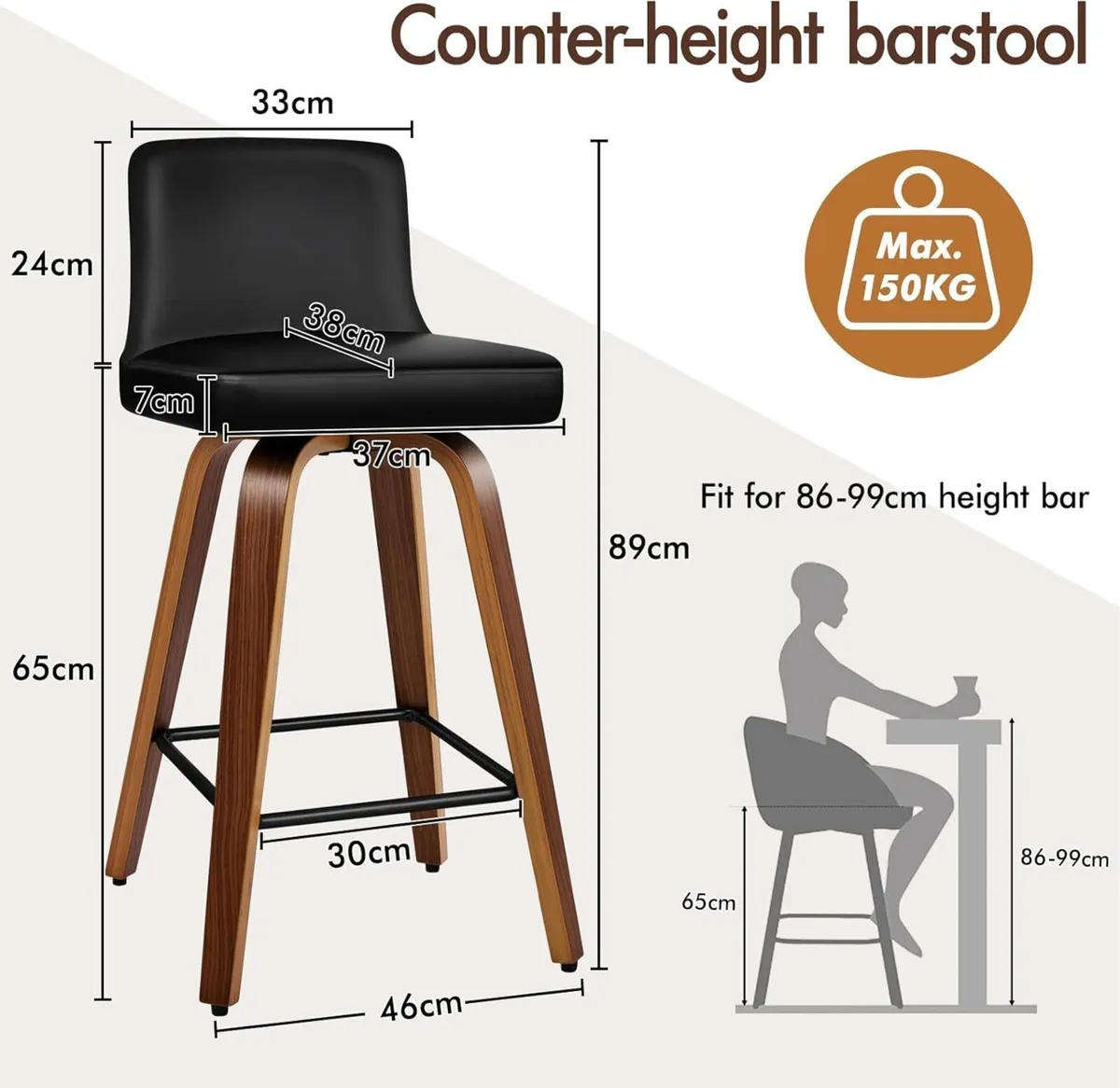 Bar Stools Set of 2 Thick Padded Barstools - Image 2
