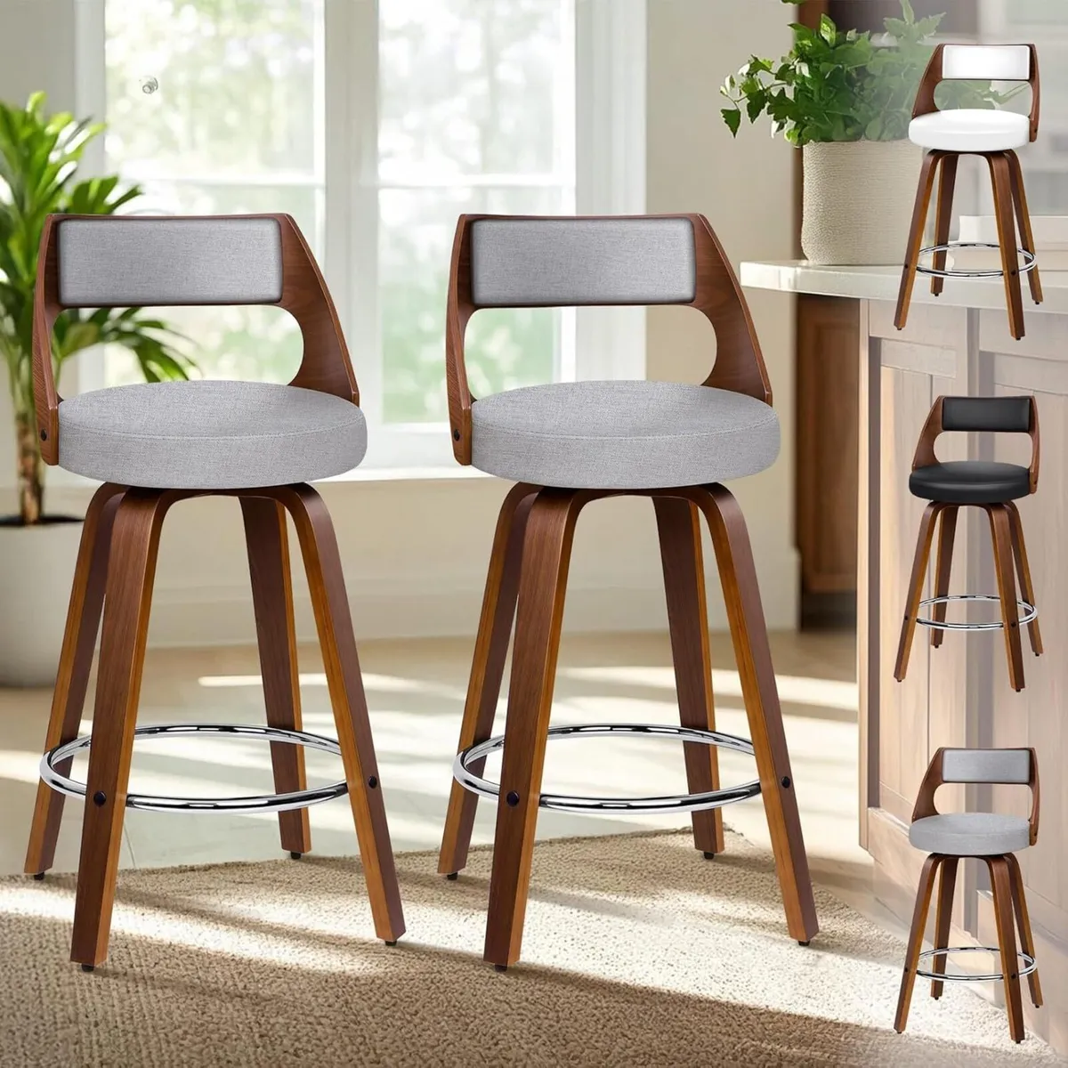 Bar Stools Set of 2 Thick Padded Barstools Linen - Image 1