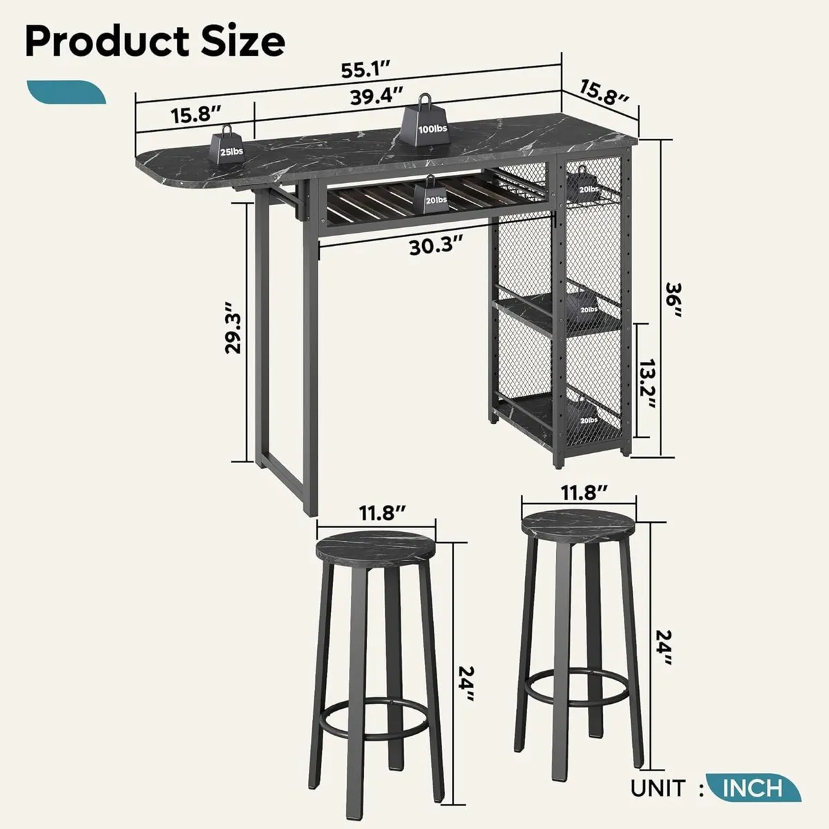 Bar Table and Chair Set Expandable Dining with 2 - Image 3