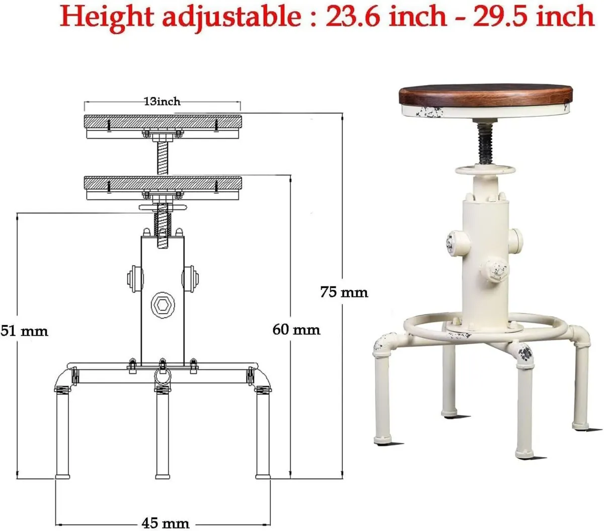 Antique Vintage Industrial Barstool Solid Wood - Image 3