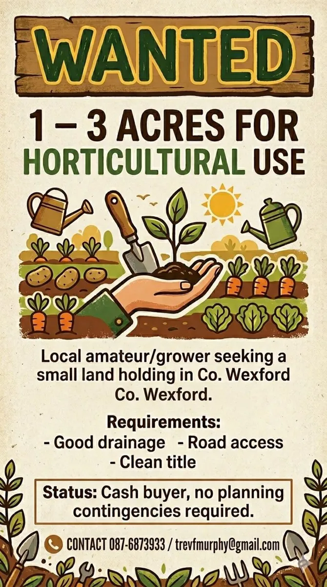 WANTED: 1. – 3 ACRES FOR HORTICULTURAL USE