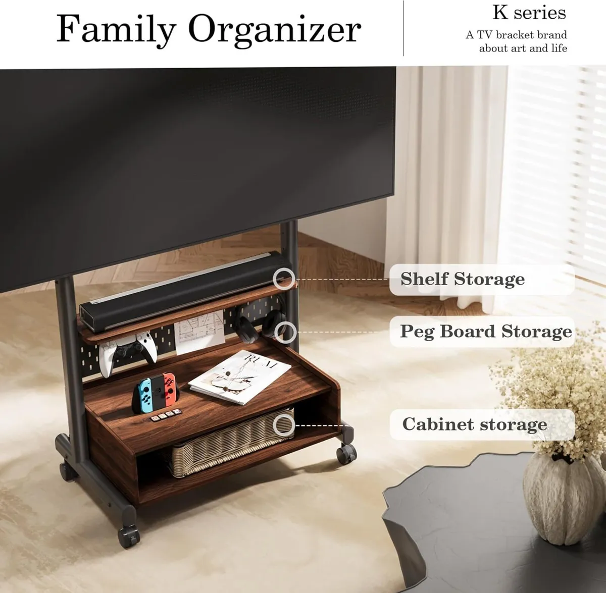 TV Stand on Wheels with Cabinet for 40-85 inch - Image 2