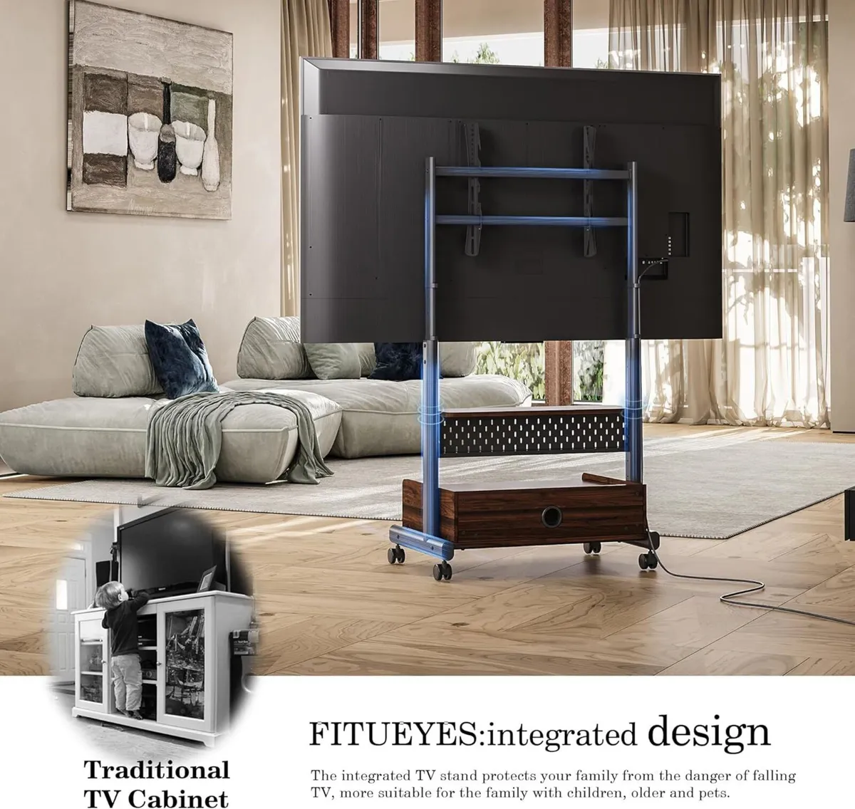 TV Stand on Wheels with Cabinet for 40-85 inch - Image 3