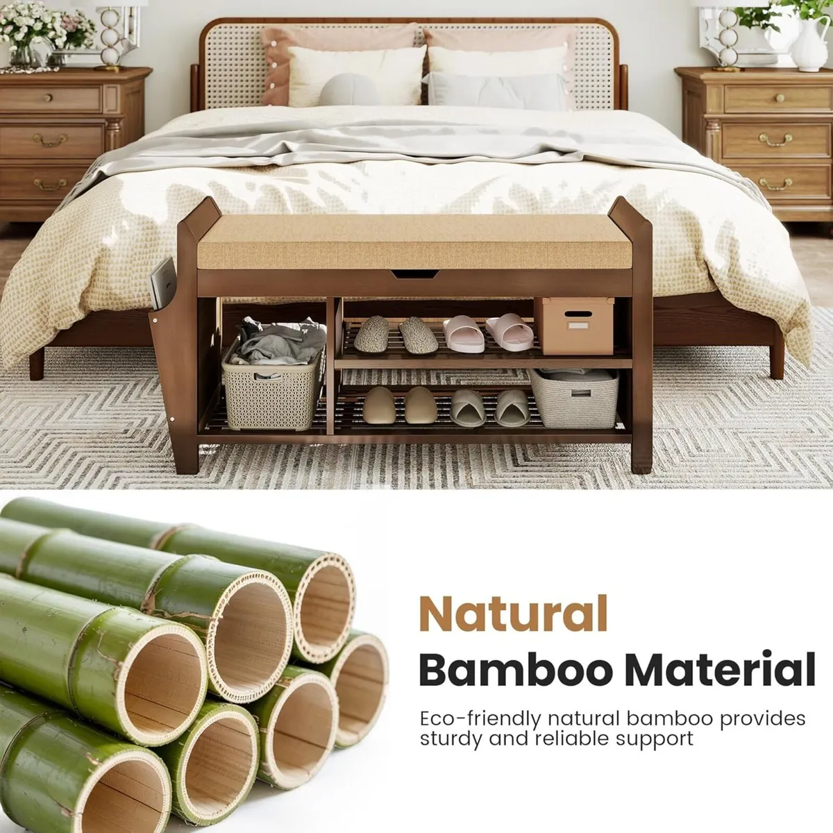 Shoe Storage Bench Bamboo with Padded Seat - Image 4