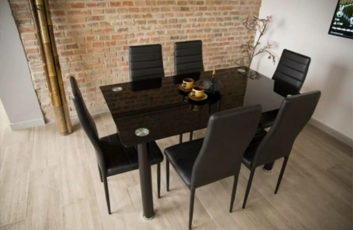 Black Glass Dining Table Set Seats 6 in Style! - Image 2