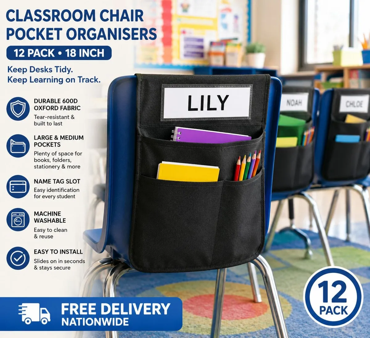 Classroom Chair Pocket Organisers – 12 Pack 600D O - Image 2
