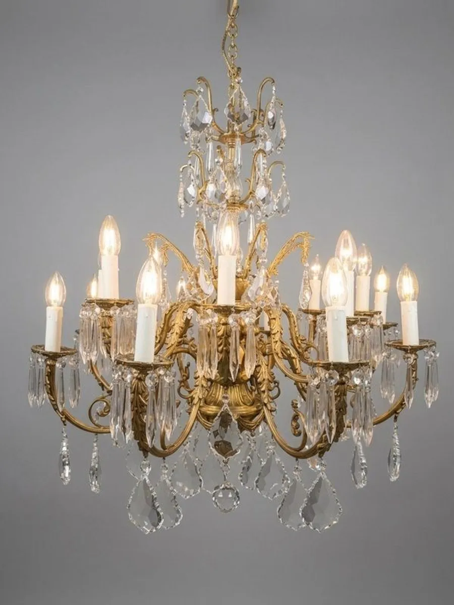 Magnificent French Brass & Crystal 16 Light Chandelier - Image 1