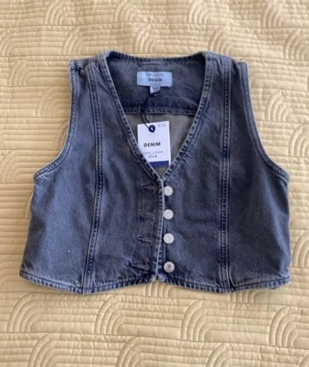 New Look Grey Crop Denim Waistcoat Size 10 UK - Image 1