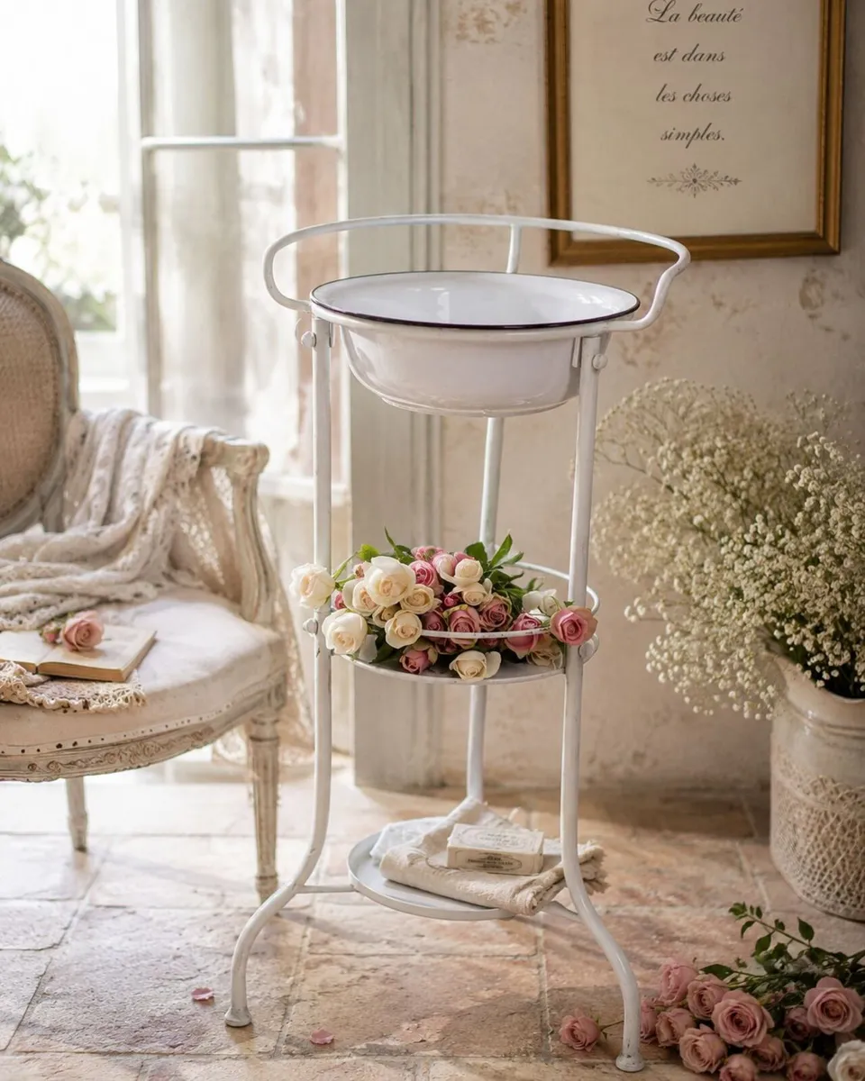Vintage French Washstand with Enamel Bowl Romantic - Image 1