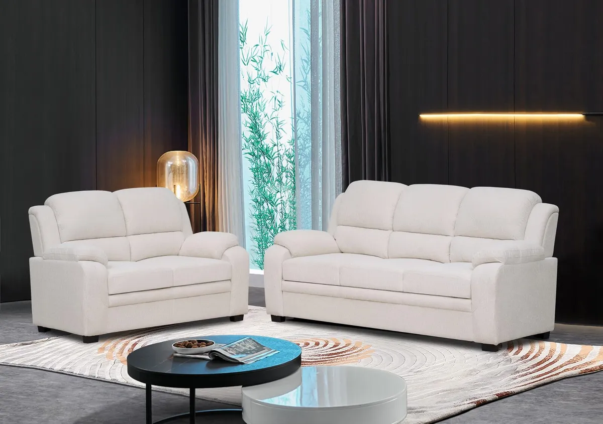 3+2 Cream & Grey Fabric Sofa Set - Image 1