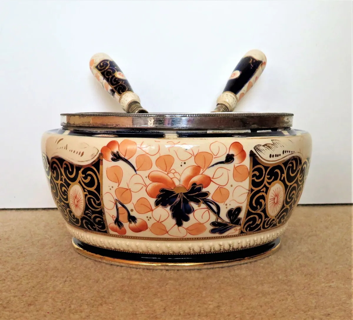 Antique Salad Bowl with Matching Servers - Image 2