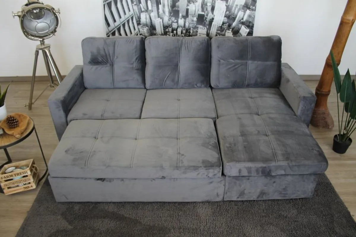 Grey velvet Corner Sofa Bed with Storage - Image 1