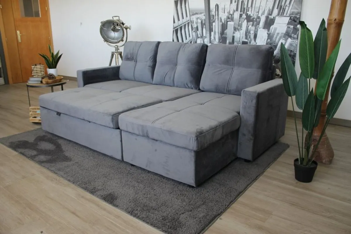 Grey velvet Corner Sofa Bed with Storage - Image 2