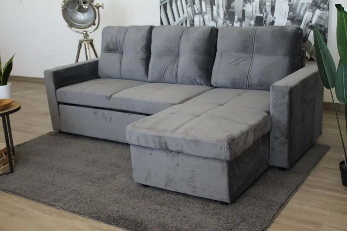Grey velvet Corner Sofa Bed with Storage - Image 3