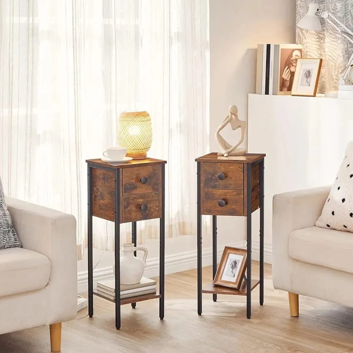 Narrow Bedside Table Set of 2, Slim Bedside Table, - Image 1