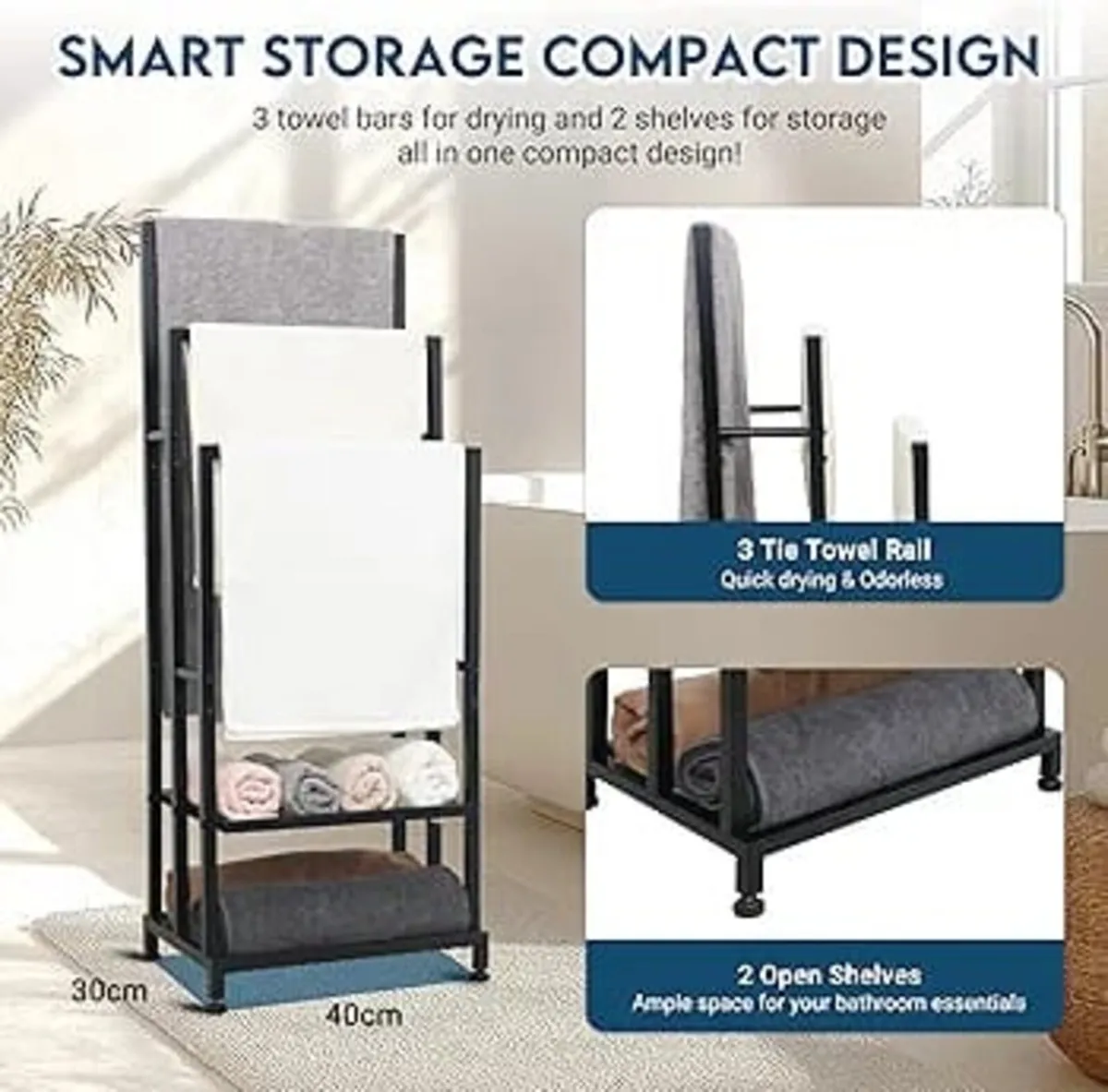 Free Standing Towel Rail, Towel Stand with 2 Stora - Image 4