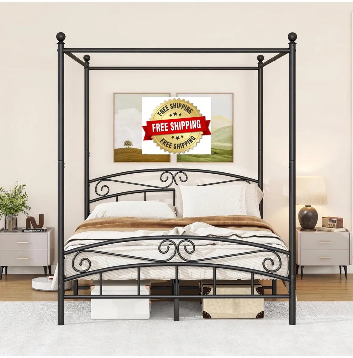 Canopy Bed Frame King Size with Ornate European St - Image 1