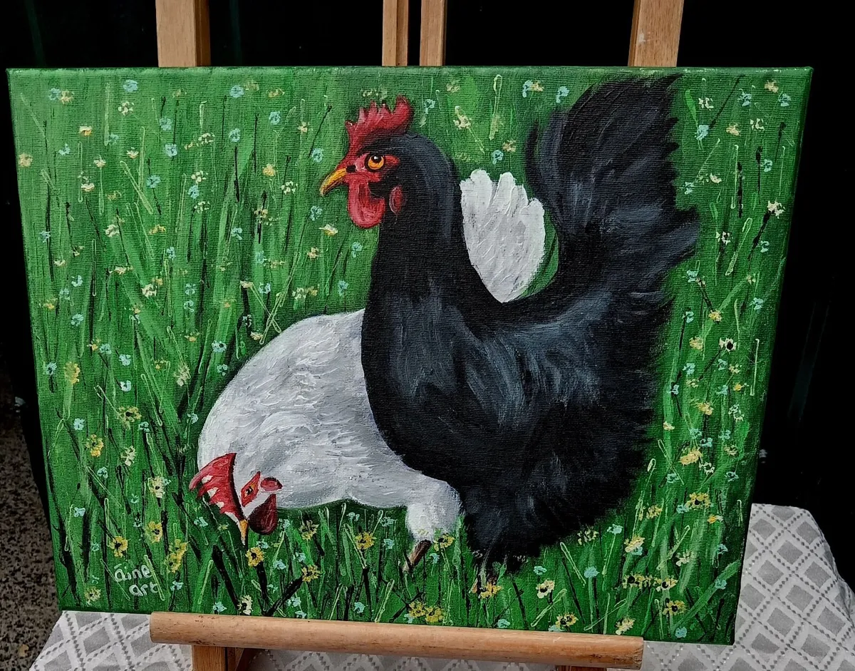 Original Painting  Chickens in a Meadow.