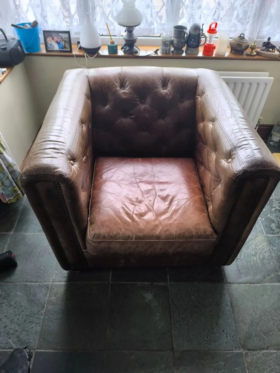 Chesterfield Leather Sofa - with 3 matching chairs - Image 4