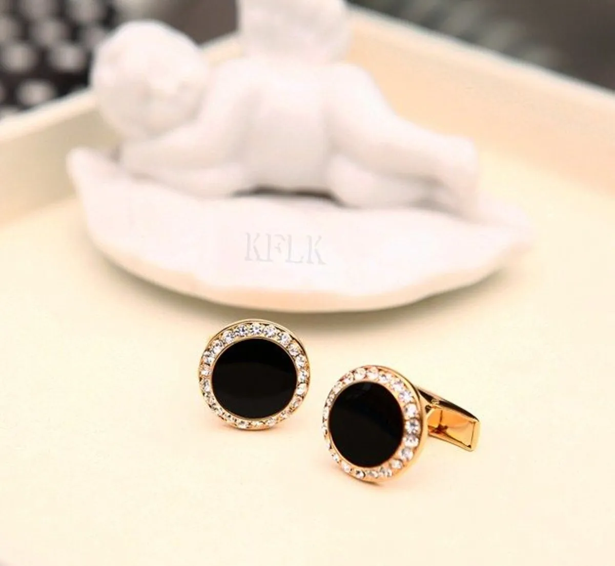 Gold Tone, black stone, Cuff links for men - Image 4