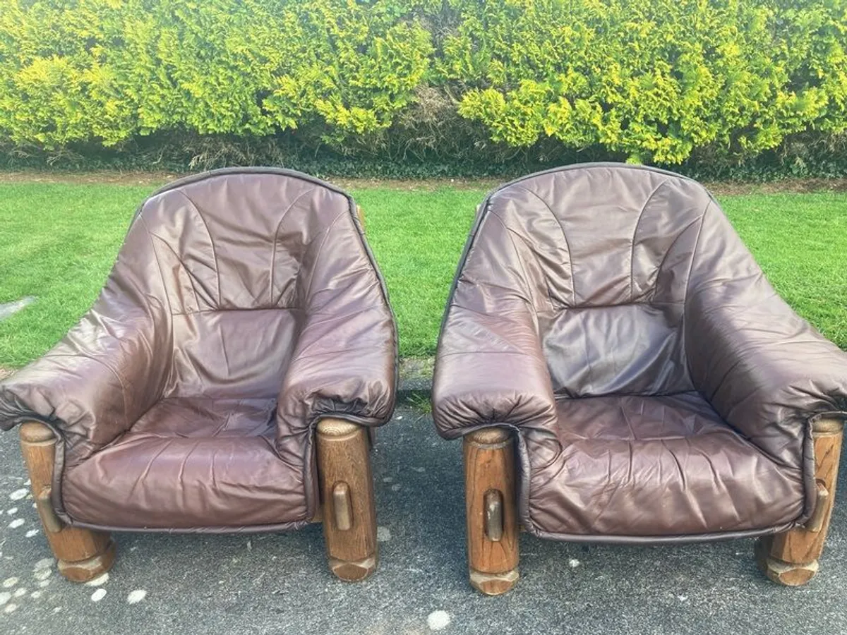 solid oak, genuine leather 2 seater & 2 armchairs - Image 3