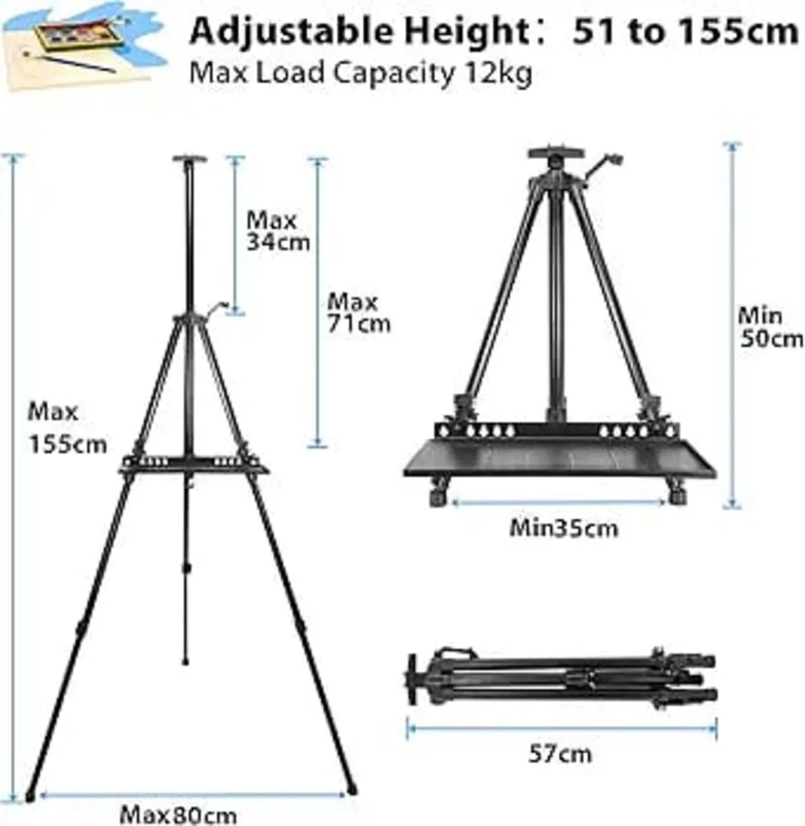 Art Easel Stand for Painting, Adjustable 51-155 cm - Image 3