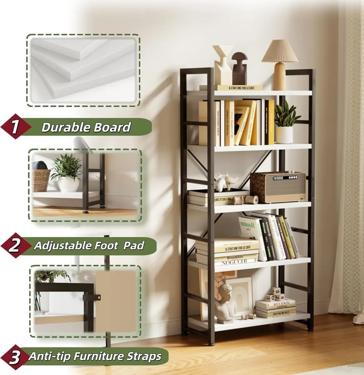 Industrial Bookshelf 5-Tier 24.8 White Shelving - Image 4