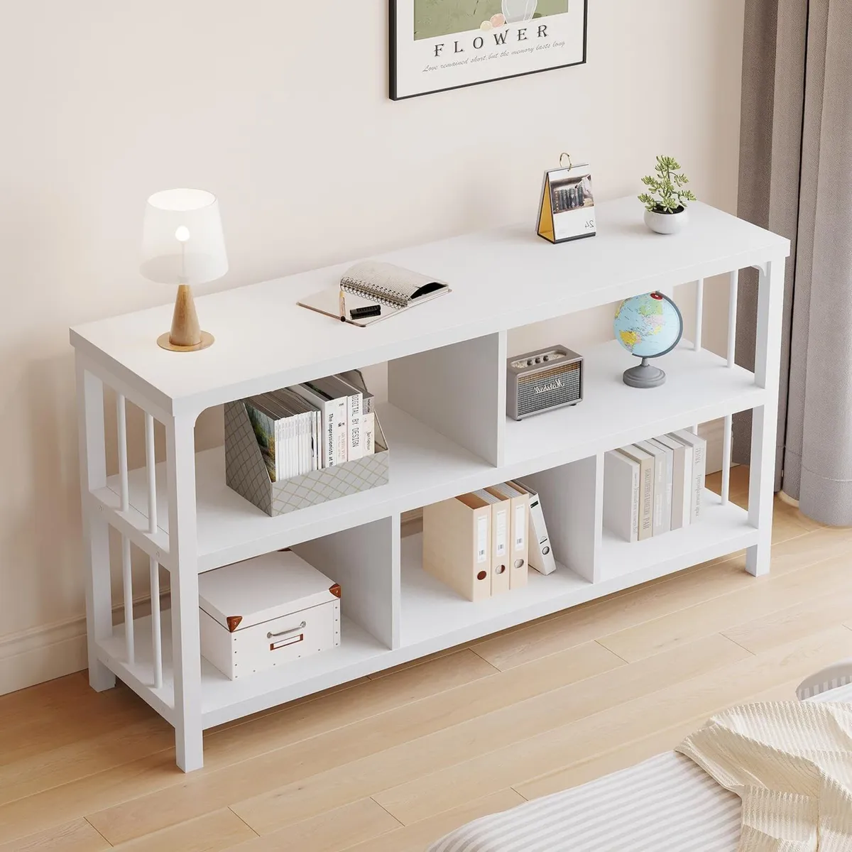 White Wood Bookshelf Industrial Horizontal Cubby - Image 4
