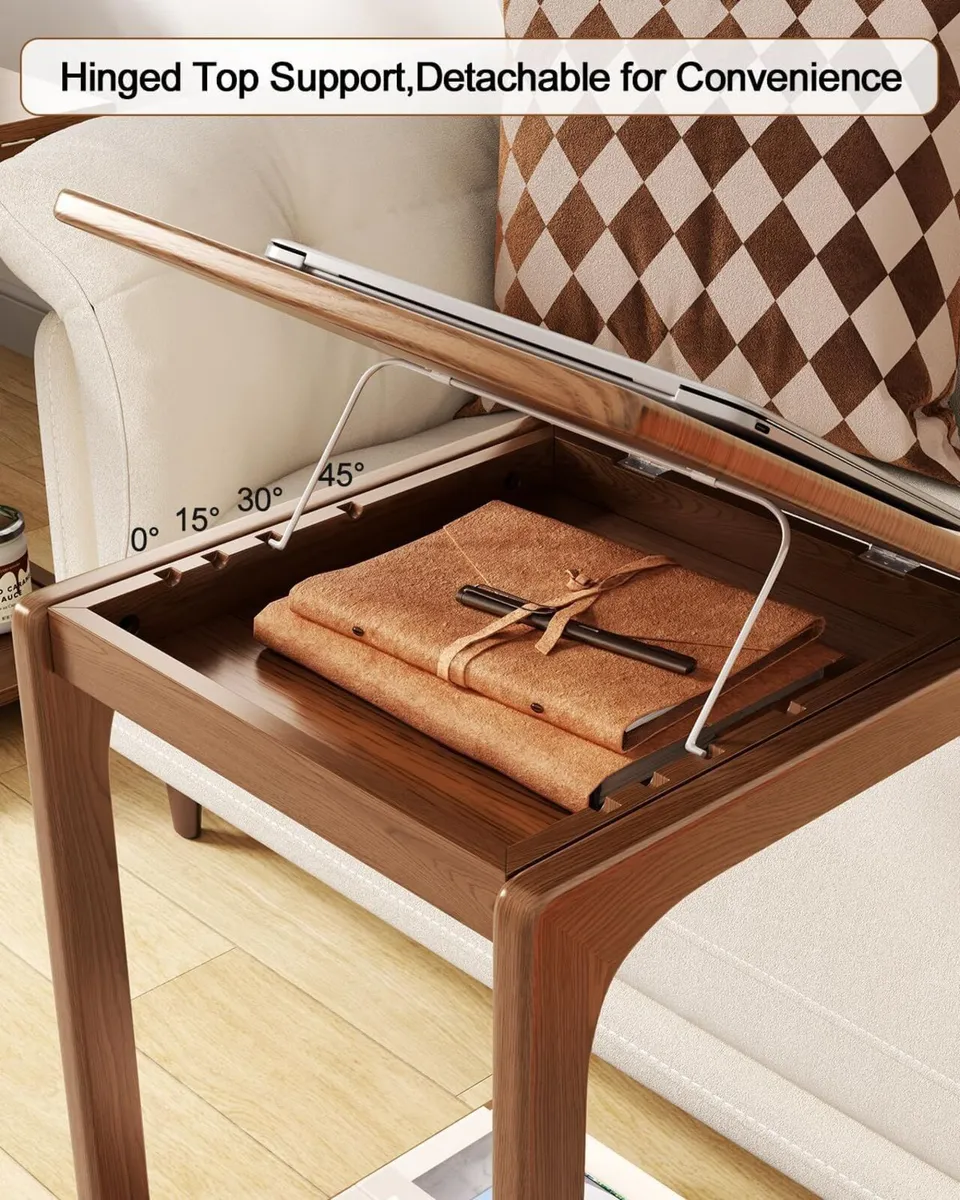 C-Shaped Side Table Wood Bedside Sofa with Wheels - Image 2