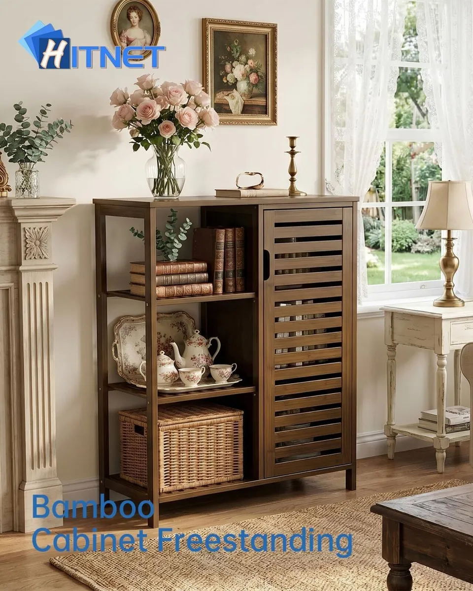 Walnut Bathroom Cabinet Bamboo Floor Standing - Image 4