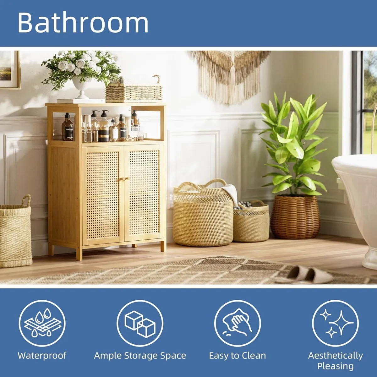 Rattan Bathroom Storage Cabinet Bamboo Floor - Image 4