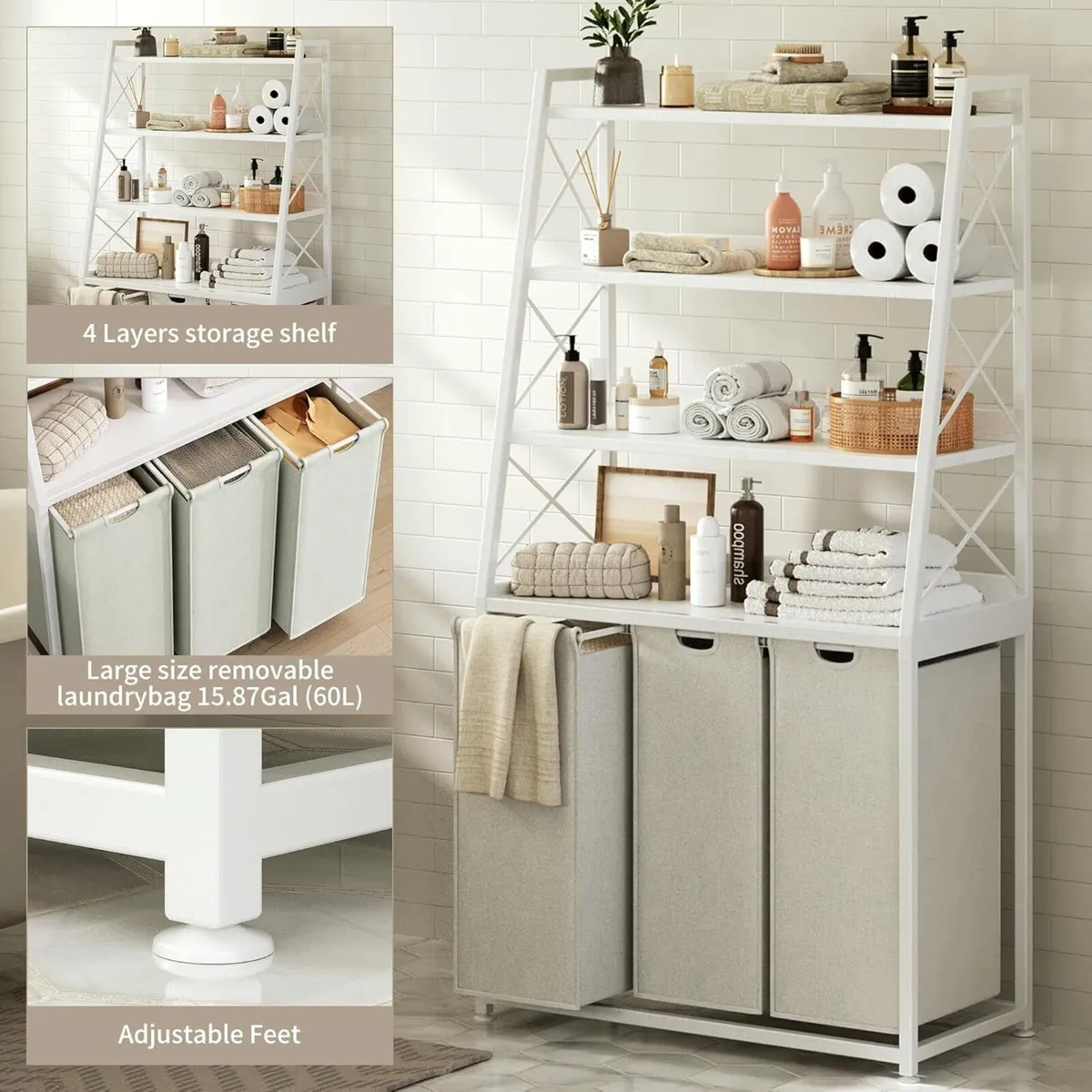180L Laundry Basket 3 Compartments Hamper with 4 - Image 4