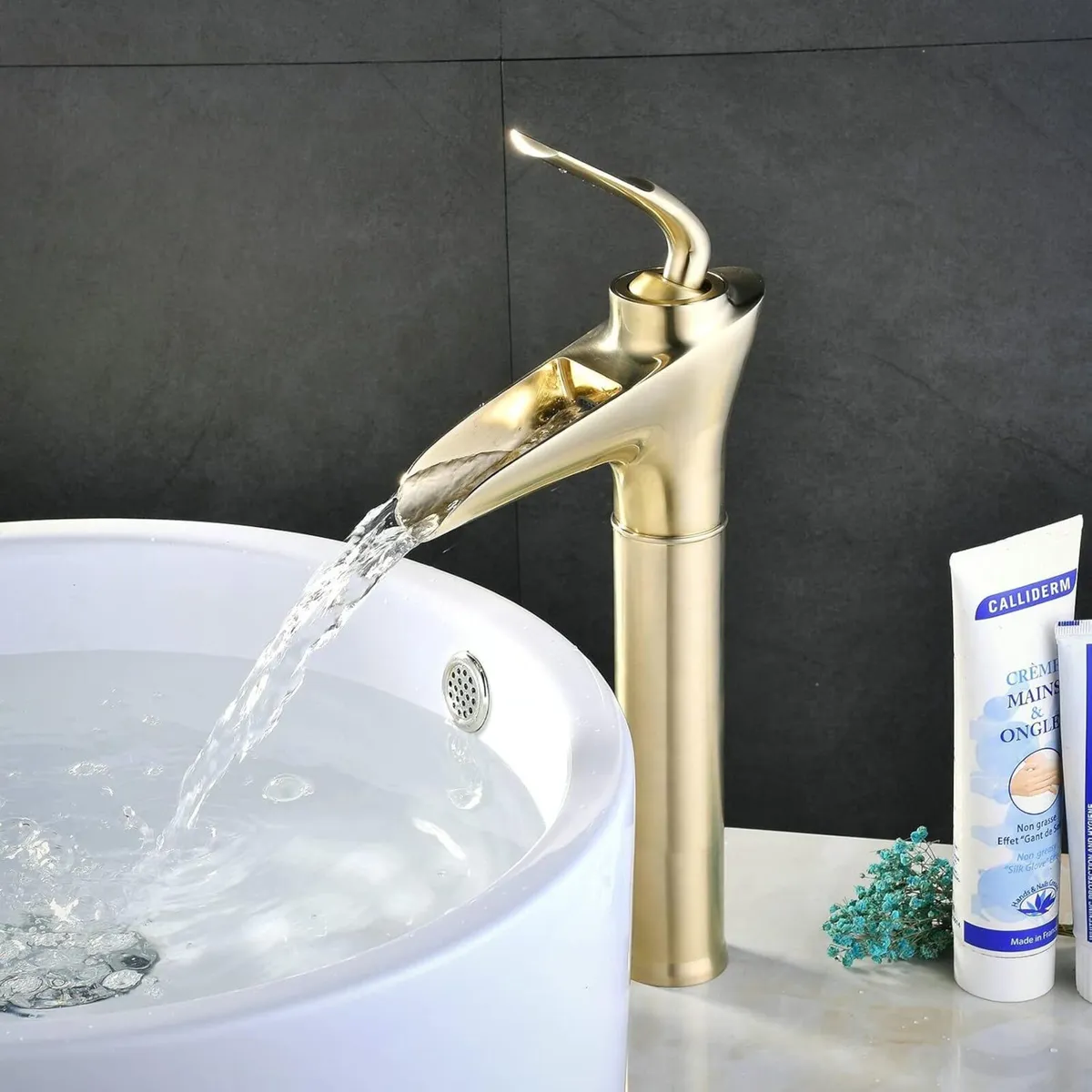 Brushed Gold Brass Waterfall Tall Sink Mixer Tap - Image 1