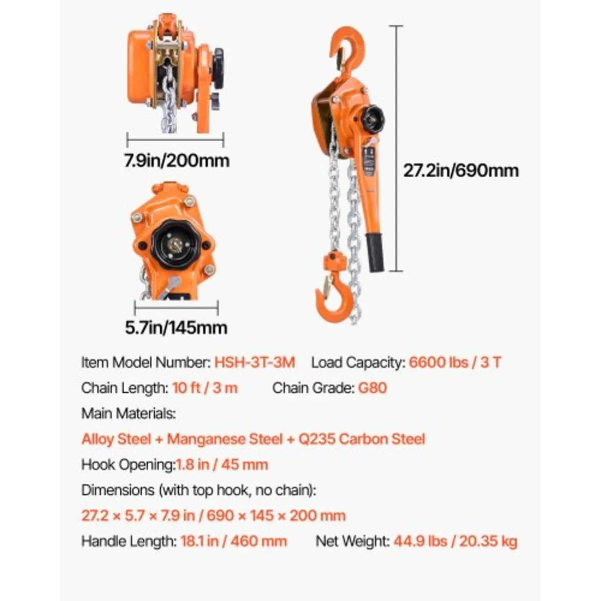 Manual Lever Chain Hoist, 3T 3000KG Capacity Heavy - Image 2