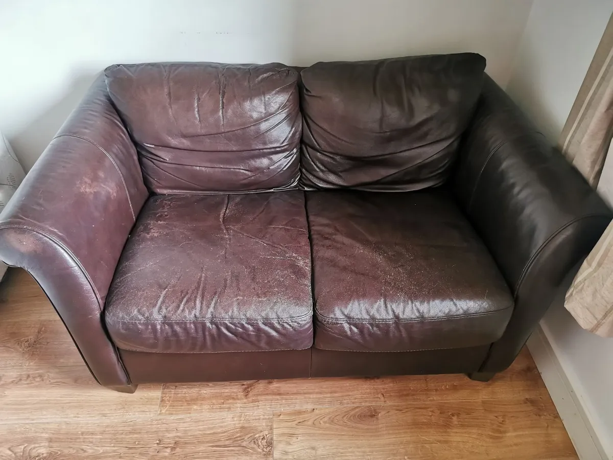 2 Leather couches (1 w/sofabed) & Pouf - Image 4