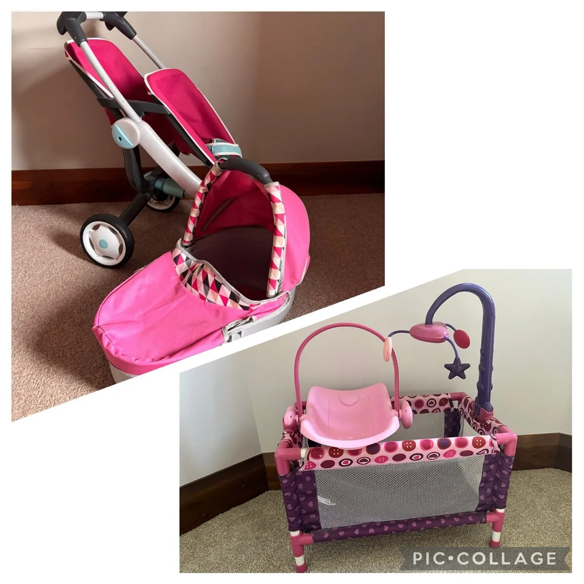 Dolls buggy, pram, cot and car seat - Image 1