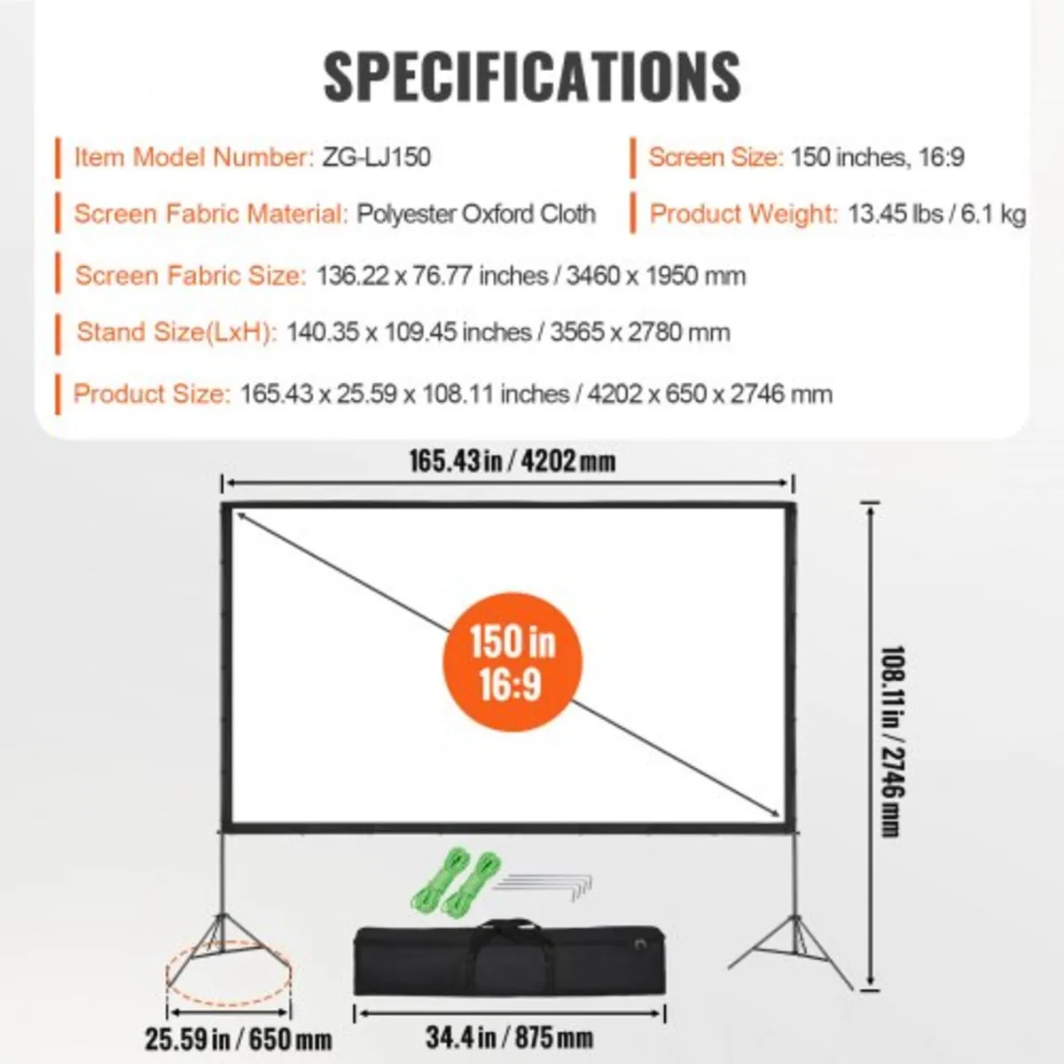 Projector Screen with Stand, 150 inch 16:9 4K 1080 - Image 2