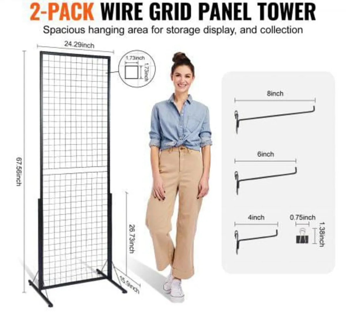 61 x170.7 cm Grid Wall Panels Tower, 2 Packs Wire - Image 4