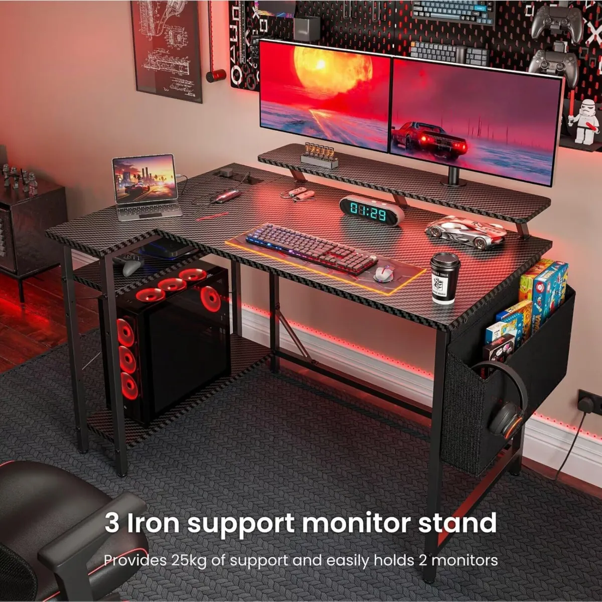 L Shaped Gaming Desk with LED Lights Power - Image 3