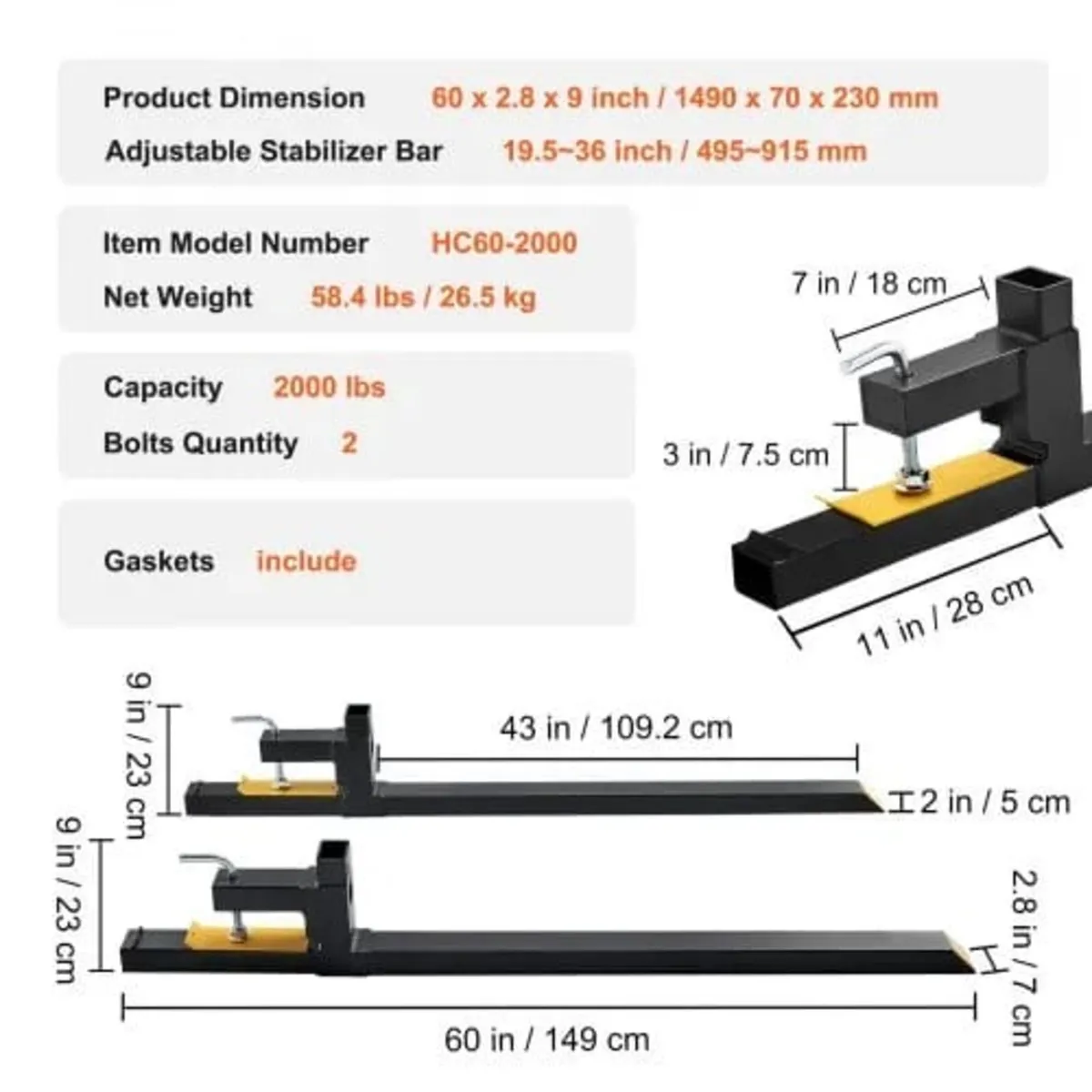Clamp on Pallet Forks, 907.2 kg Capacity Pallet Fo - Image 4