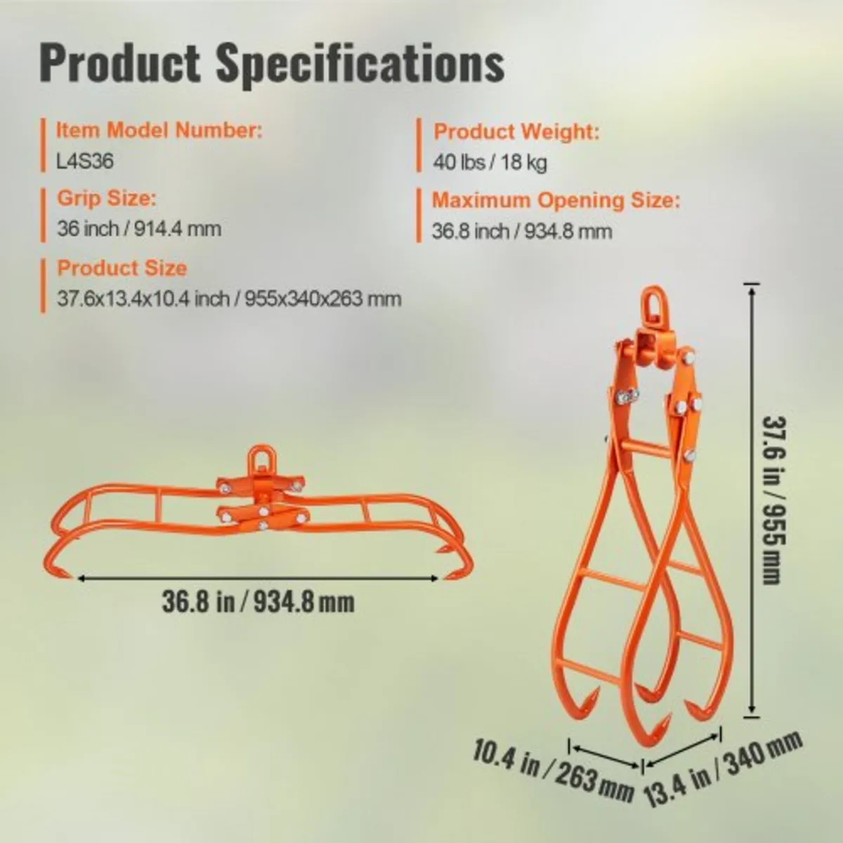 Timber Claw Hook, 36 inch 4 Claw Log Grapple for L - Image 3