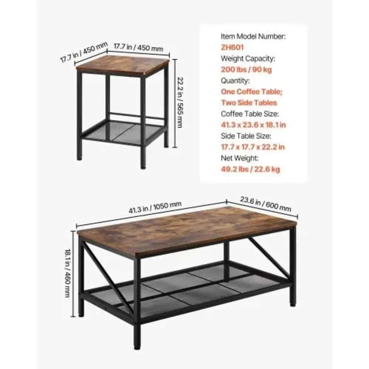 3 Pieces Living Room Table Sets, 105 cm Industrial - Image 4