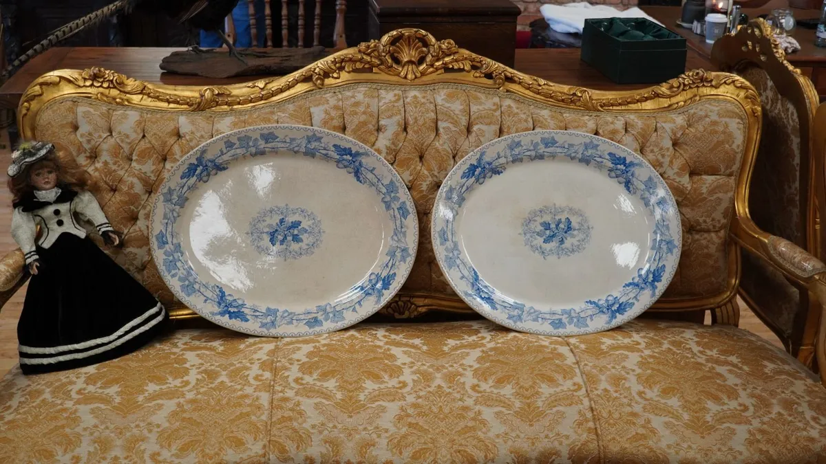 Pair of Antique Blue & White Acorn Platters - Image 1